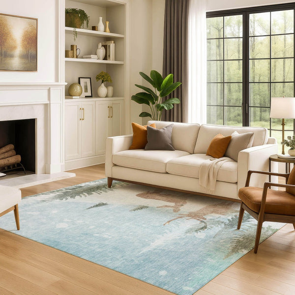 HomeRoots 9' X 12' Sky Blue Ivory Khaki Geometric Area Rug - Washable, UV Resistant, Durable for Busy Homes 702007