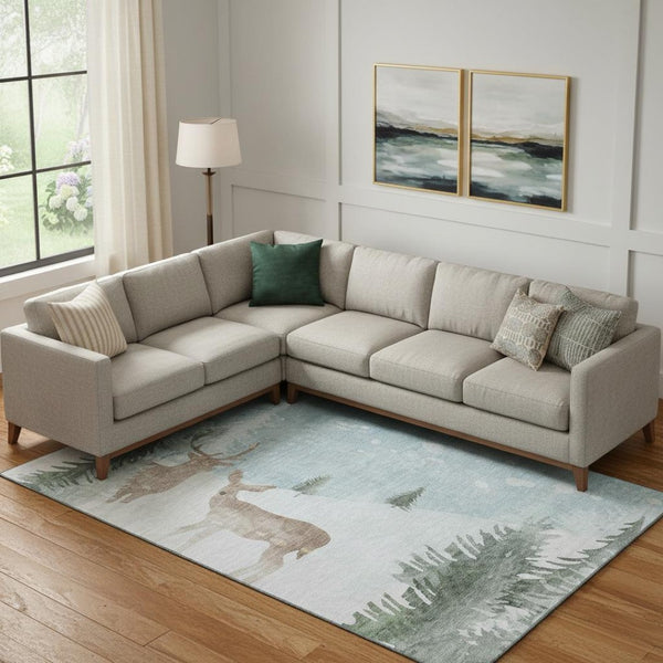 HomeRoots 10' Sky Blue Ivory Khaki Abstract Geometric Area Rug – UV Protected, Stain Resistant & Washable Design 702008