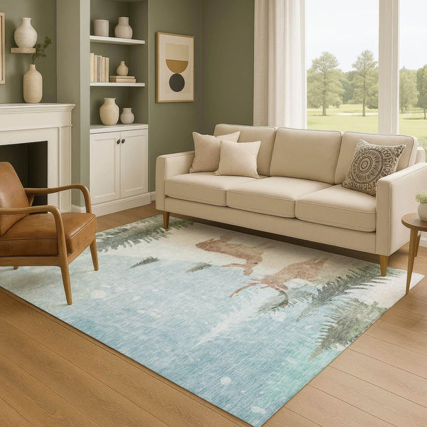 HomeRoots 10' Sky Blue Ivory Khaki Abstract Geometric Area Rug – UV Protected, Stain Resistant & Washable Design 702008