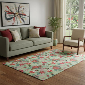 HomeRoots 5' Artichoke Green Red Black Abstract Geometric Area Rug - Washable, UV Protected, Non-Slip Design! 702010