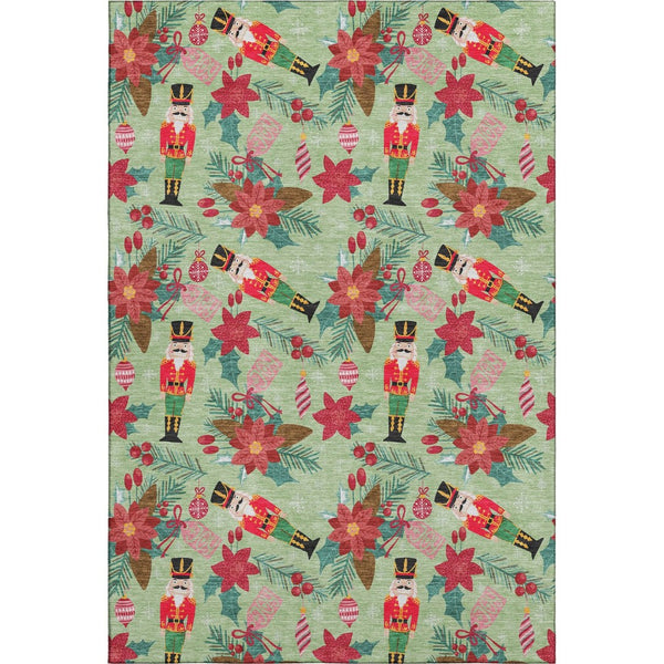 HomeRoots 5' Artichoke Green Red Black Abstract Geometric Area Rug - Washable, UV Protected, Non-Slip Design! 702010