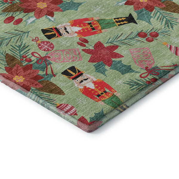 HomeRoots 5' Artichoke Green Red Black Abstract Geometric Area Rug - Washable, UV Protected, Non-Slip Design! 702010