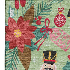 HomeRoots 5' Artichoke Green Red Black Abstract Geometric Area Rug - Washable, UV Protected, Non-Slip Design! 702010