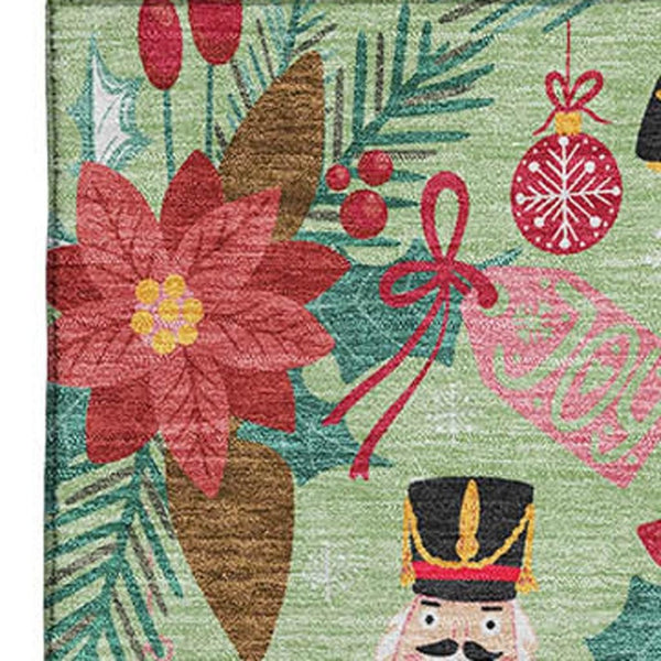 HomeRoots 5' Artichoke Green Red Black Abstract Geometric Area Rug - Washable, UV Protected, Non-Slip Design! 702010