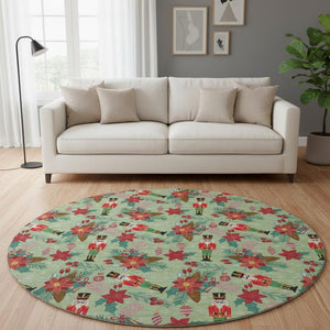 HomeRoots 8' Abstract Geometric Round Rug in Artichoke Green, Red & Black – UV Protected, Washable, Non-Slip Design 702011