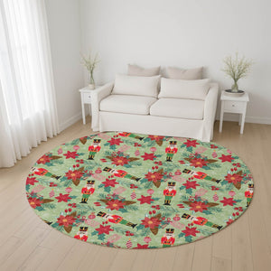 HomeRoots 8' Abstract Geometric Round Rug in Artichoke Green, Red & Black – UV Protected, Washable, Non-Slip Design 702011