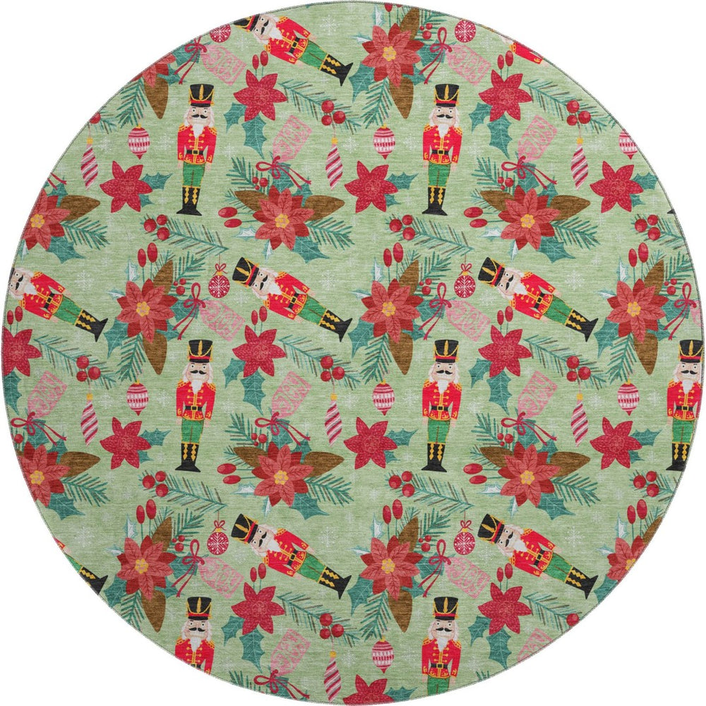 HomeRoots 8' Abstract Geometric Round Rug in Artichoke Green, Red & Black – UV Protected, Washable, Non-Slip Design 702011