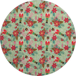 HomeRoots 8' Abstract Geometric Round Rug in Artichoke Green, Red & Black – UV Protected, Washable, Non-Slip Design 702011