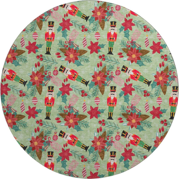 HomeRoots 8' Abstract Geometric Round Rug in Artichoke Green, Red & Black – UV Protected, Washable, Non-Slip Design 702011