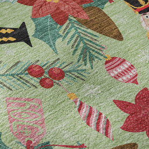 HomeRoots 8' Abstract Geometric Round Rug in Artichoke Green, Red & Black – UV Protected, Washable, Non-Slip Design 702011