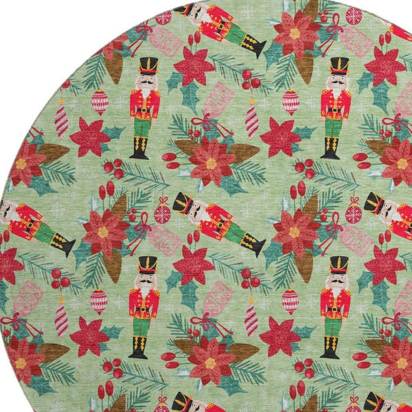 HomeRoots 8' Abstract Geometric Round Rug in Artichoke Green, Red & Black – UV Protected, Washable, Non-Slip Design 702011
