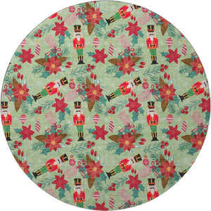 HomeRoots 8' Abstract Geometric Round Rug in Artichoke Green, Red & Black – UV Protected, Washable, Non-Slip Design 702011