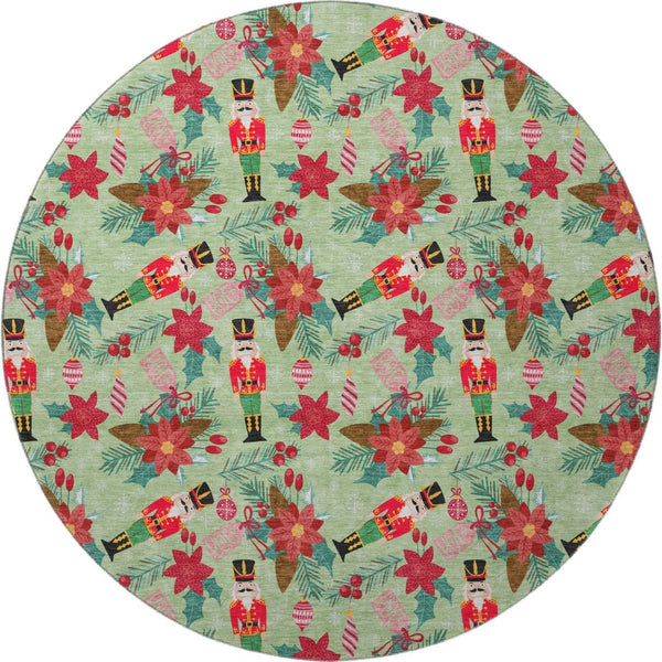 HomeRoots 8' Abstract Geometric Round Rug in Artichoke Green, Red & Black – UV Protected, Washable, Non-Slip Design 702011