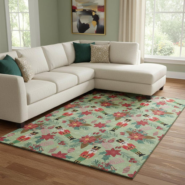 HomeRoots 8' X 10' Washable Abstract Geometric Area Rug in Artichoke Green, Red & Black - UV Protected & Durable 702012