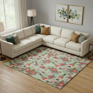 HomeRoots 9' Abstract Geometric Washable Area Rug in Artichoke Green, Red & Black - Durable UV Protected Design 702013