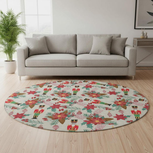 HomeRoots 8' Abstract Geometric Round Rug in Beige, Red & Black - Washable, UV-Protected, Non-Slip Design 702017