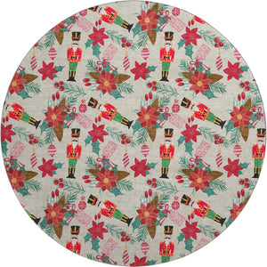 HomeRoots 8' Abstract Geometric Round Rug in Beige, Red & Black - Washable, UV-Protected, Non-Slip Design 702017