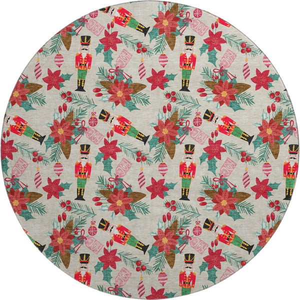 HomeRoots 8' Abstract Geometric Round Rug in Beige, Red & Black - Washable, UV-Protected, Non-Slip Design 702017