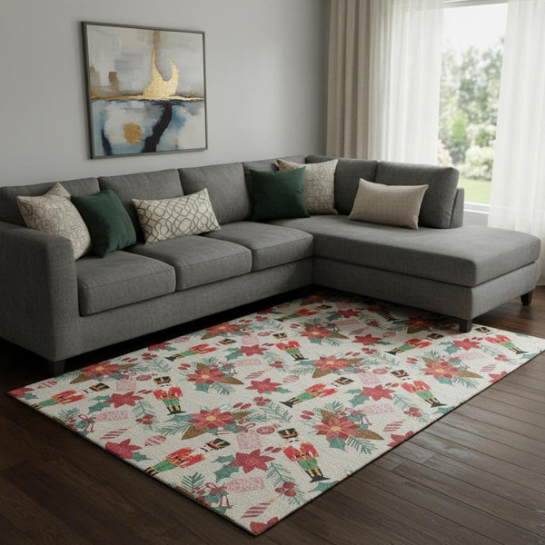 HomeRoots 8' X 10' Washable Abstract Geometric Area Rug in Beige, Red & Black - UV Protected & Stain Resistant! 702018