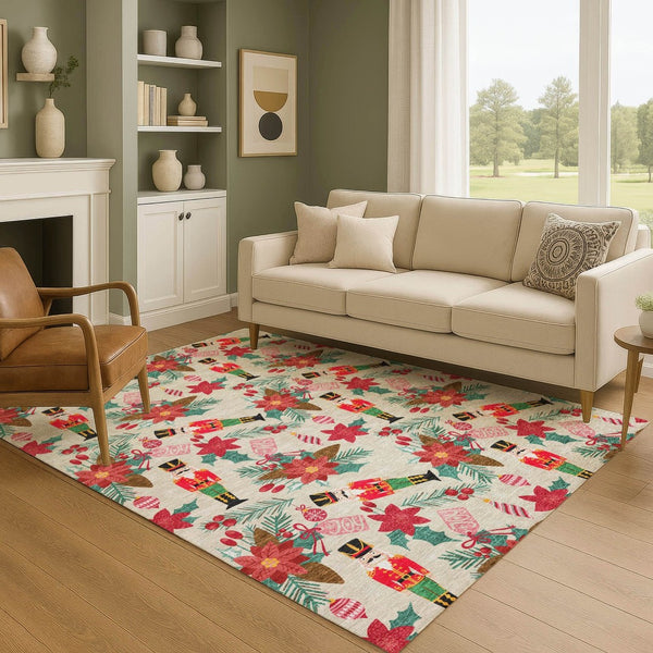HomeRoots 9' x 12' Abstract Geometric Area Rug in Beige, Red & Black - Washable, Stain-Resistant & UV Protected 702019