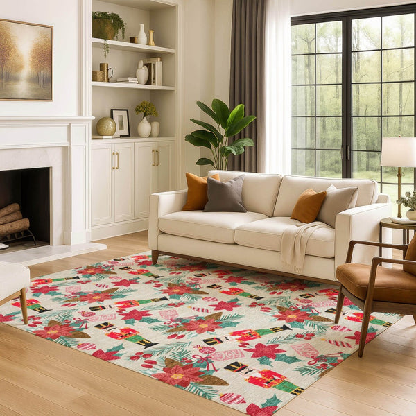 HomeRoots 9' x 12' Abstract Geometric Area Rug in Beige, Red & Black - Washable, Stain-Resistant & UV Protected 702019