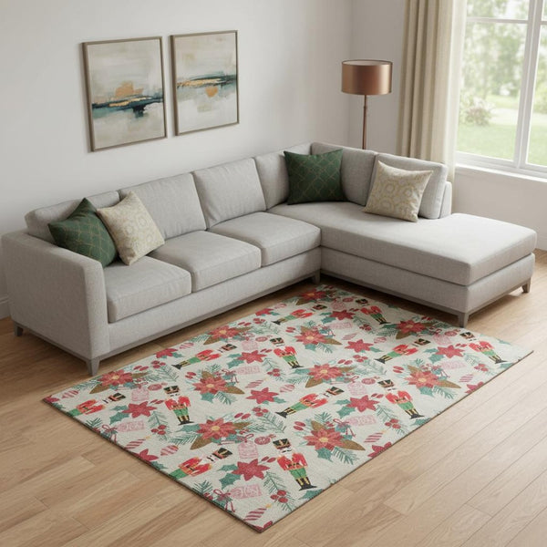 HomeRoots 10' X 14' Washable Area Rug with Bold Beige, Red & Black Geometric Design - UV Protected & Durable 702020