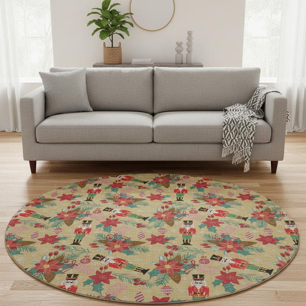 HomeRoots 8' Bold Gold, Red & Black Abstract Geometric Washable Round Rug - UV Protected, Easy Care, Non-Slip 702023