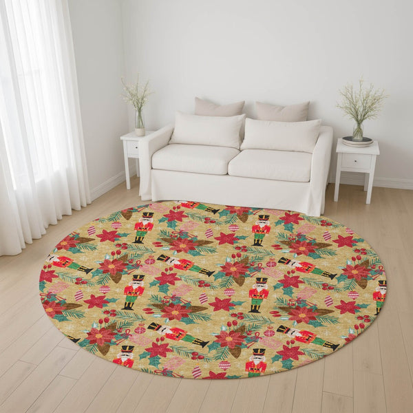 HomeRoots 8' Bold Gold, Red & Black Abstract Geometric Washable Round Rug - UV Protected, Easy Care, Non-Slip 702023