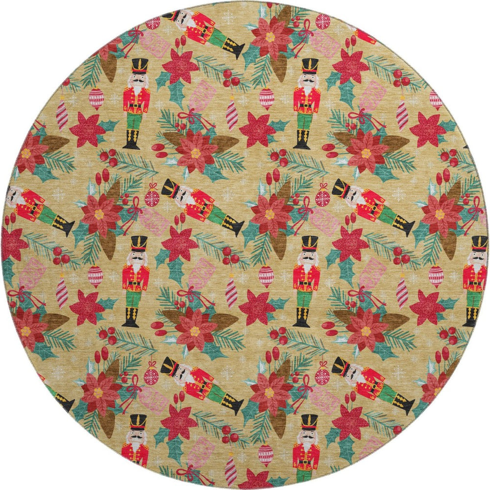 HomeRoots 8' Bold Gold, Red & Black Abstract Geometric Washable Round Rug - UV Protected, Easy Care, Non-Slip 702023