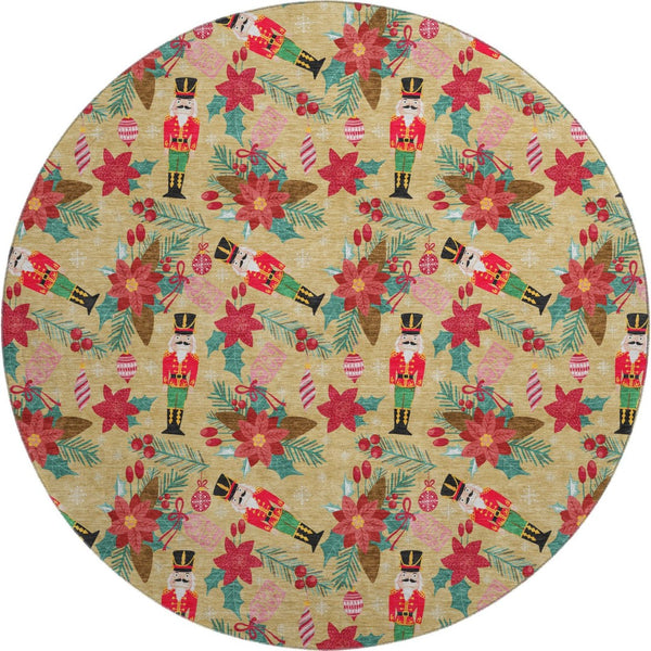 HomeRoots 8' Bold Gold, Red & Black Abstract Geometric Washable Round Rug - UV Protected, Easy Care, Non-Slip 702023