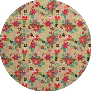 HomeRoots 8' Bold Gold, Red & Black Abstract Geometric Washable Round Rug - UV Protected, Easy Care, Non-Slip 702023