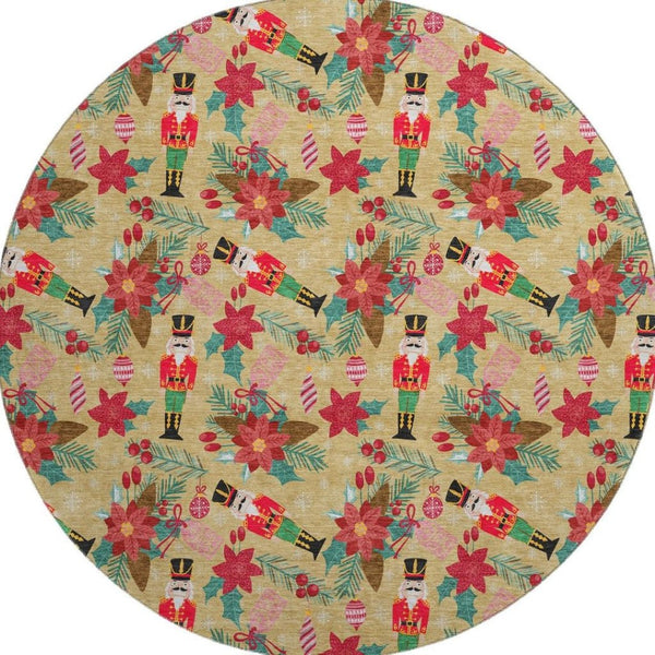 HomeRoots 8' Bold Gold, Red & Black Abstract Geometric Washable Round Rug - UV Protected, Easy Care, Non-Slip 702023