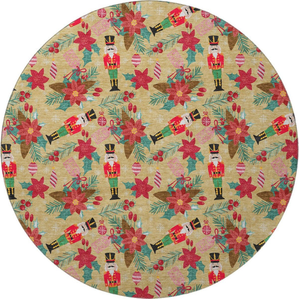 HomeRoots 8' Bold Gold, Red & Black Abstract Geometric Washable Round Rug - UV Protected, Easy Care, Non-Slip 702023