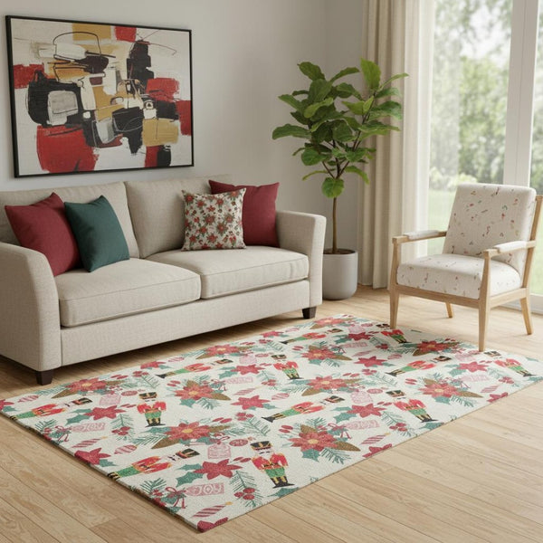 HomeRoots 5' X 8' Abstract Geometric Washable Area Rug in Ivory, Red & Black - UV Protected & Durable Design 702028