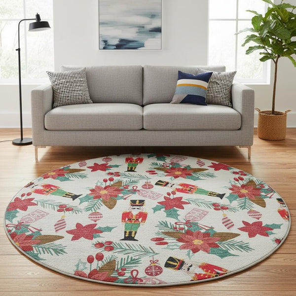 HomeRoots 8' Stylish Ivory Red Black Abstract Geometric Washable Round Rug with UV Protection for High-Traffic Areas 702029