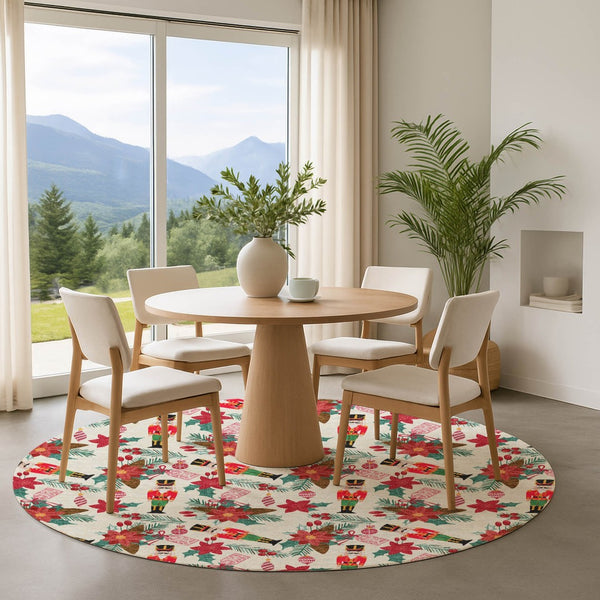 HomeRoots 8' Stylish Ivory Red Black Abstract Geometric Washable Round Rug with UV Protection for High-Traffic Areas 702029