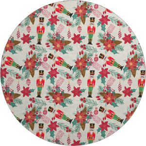HomeRoots 8' Stylish Ivory Red Black Abstract Geometric Washable Round Rug with UV Protection for High-Traffic Areas 702029