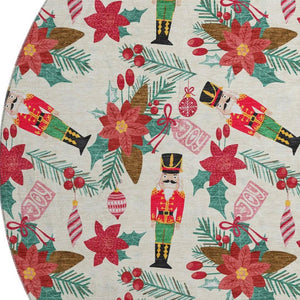 HomeRoots 8' Stylish Ivory Red Black Abstract Geometric Washable Round Rug with UV Protection for High-Traffic Areas 702029