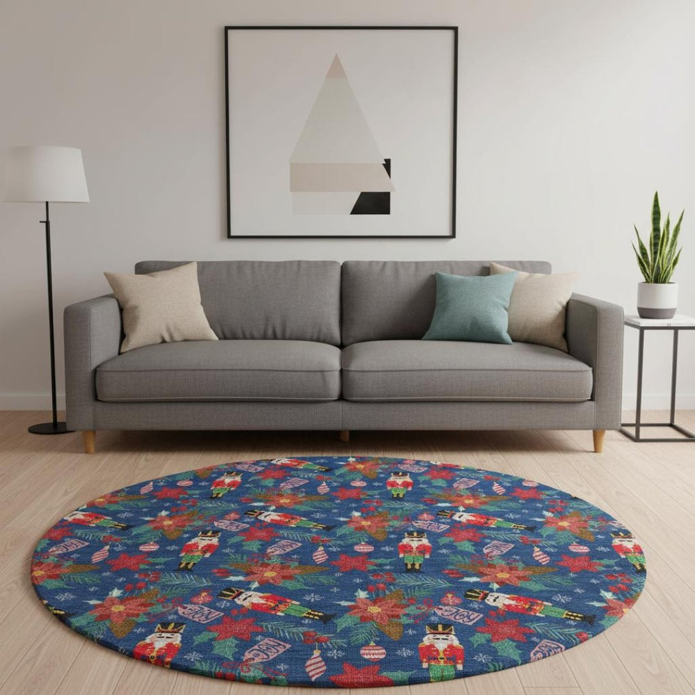 HomeRoots 8' Vibrant Navy Blue, Red, and Black Abstract Round Rug – Washable, UV Protected, Stain Resistant! 702035
