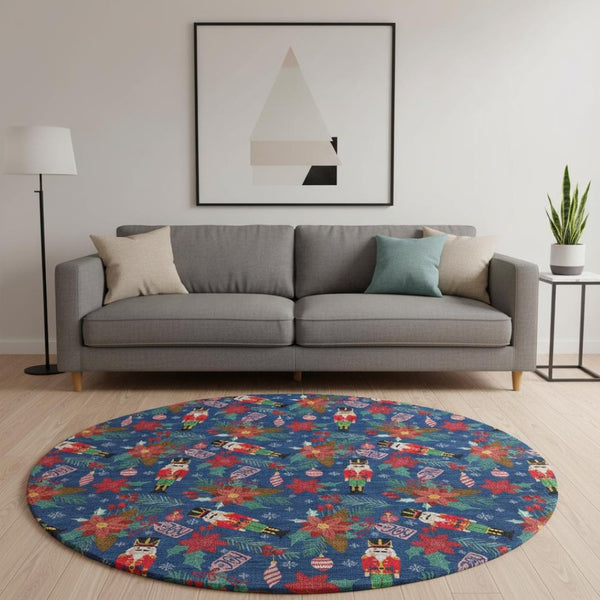 HomeRoots 8' Vibrant Navy Blue, Red, and Black Abstract Round Rug – Washable, UV Protected, Stain Resistant! 702035