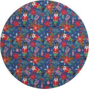 HomeRoots 8' Vibrant Navy Blue, Red, and Black Abstract Round Rug – Washable, UV Protected, Stain Resistant! 702035