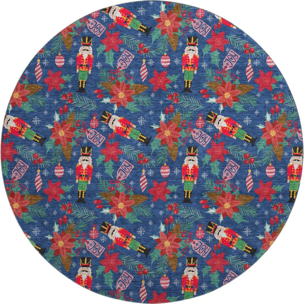 HomeRoots 8' Vibrant Navy Blue, Red, and Black Abstract Round Rug – Washable, UV Protected, Stain Resistant! 702035