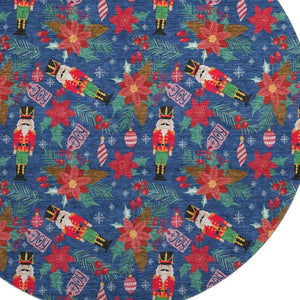 HomeRoots 8' Vibrant Navy Blue, Red, and Black Abstract Round Rug – Washable, UV Protected, Stain Resistant! 702035