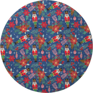 HomeRoots 8' Vibrant Navy Blue, Red, and Black Abstract Round Rug – Washable, UV Protected, Stain Resistant! 702035