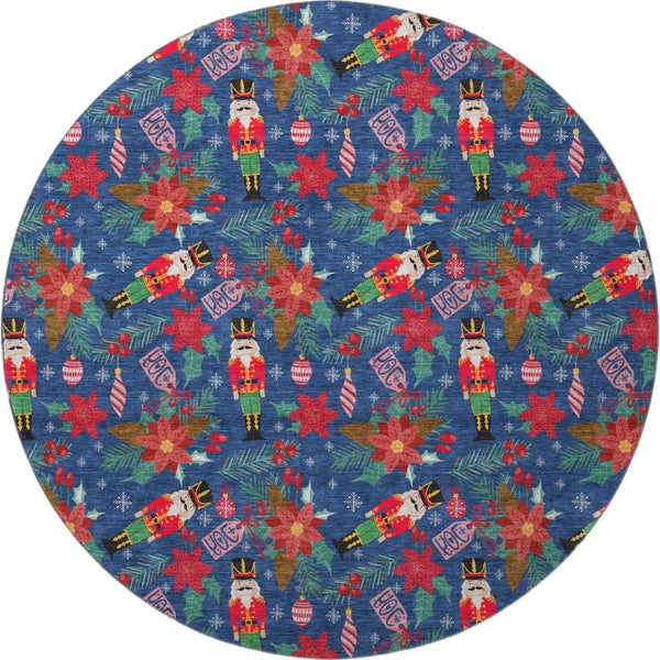 HomeRoots 8' Vibrant Navy Blue, Red, and Black Abstract Round Rug – Washable, UV Protected, Stain Resistant! 702035
