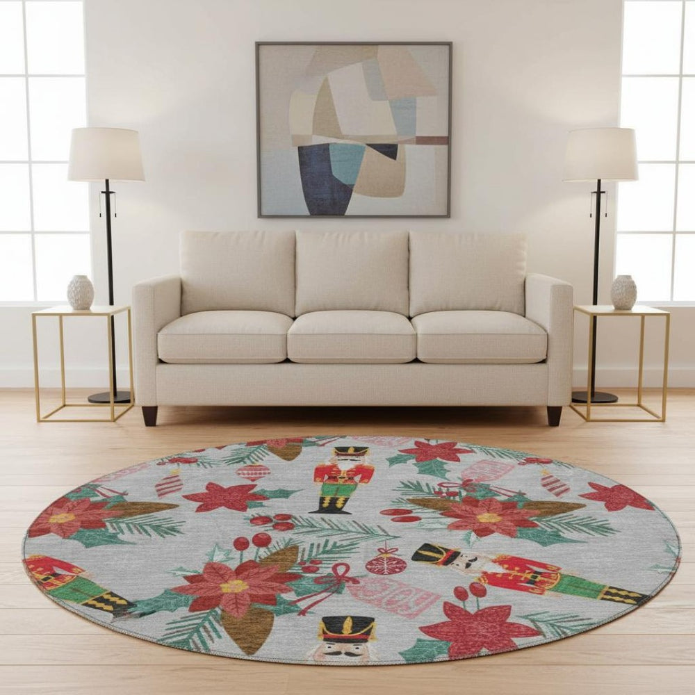 HomeRoots 8' Stylish Silver Red and Black Abstract Geometric Round Rug – Washable, UV-Protected, Non-Slip! 702041
