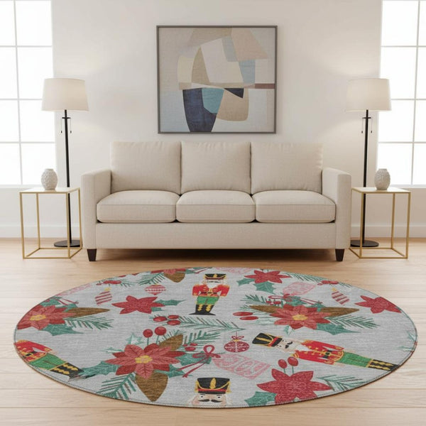 HomeRoots 8' Stylish Silver Red and Black Abstract Geometric Round Rug – Washable, UV-Protected, Non-Slip! 702041