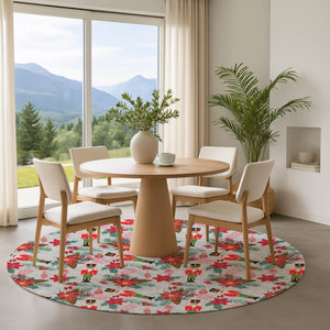 HomeRoots 8' Stylish Silver Red and Black Abstract Geometric Round Rug – Washable, UV-Protected, Non-Slip! 702041