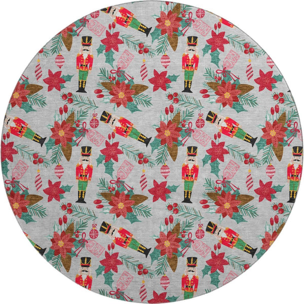 HomeRoots 8' Stylish Silver Red and Black Abstract Geometric Round Rug – Washable, UV-Protected, Non-Slip! 702041