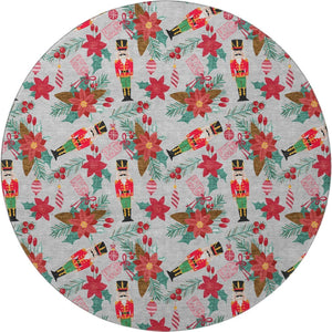 HomeRoots 8' Stylish Silver Red and Black Abstract Geometric Round Rug – Washable, UV-Protected, Non-Slip! 702041